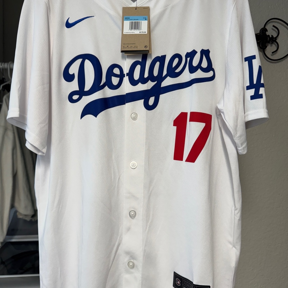 White Nike Ohtani Dodgers Jersey with Blue and Red Accents